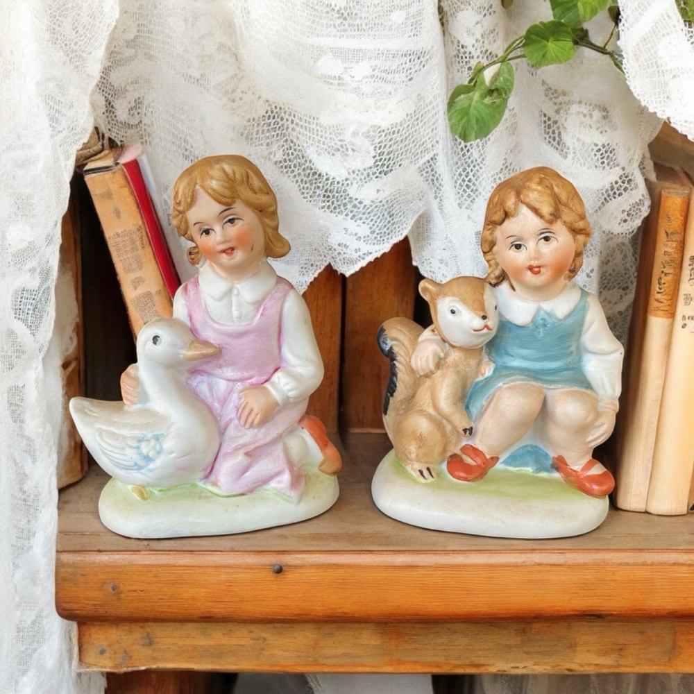 VTG Norleans Japan Ceramic Figurine Set - Cottagecore Girls with Duck & Squirrel